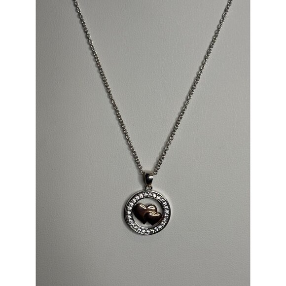 Fine Silver Plated Heart Pendant Necklace With Two-Tone Design & Crystal Accents - Picture 10 of 11